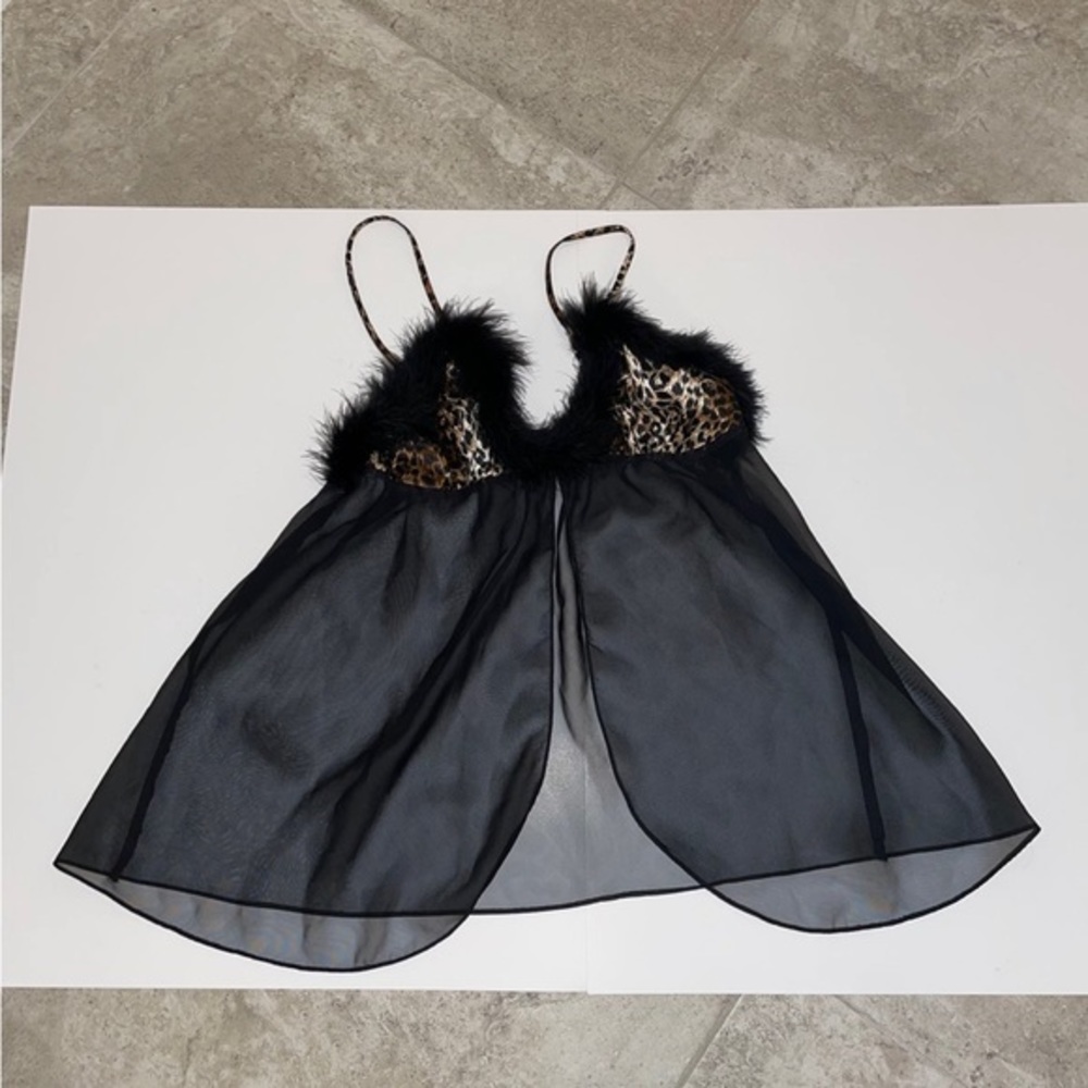 Seductive Wear by Cinema Etoile black leopard feather sheer babydoll cami size L - Picture 3 of 6